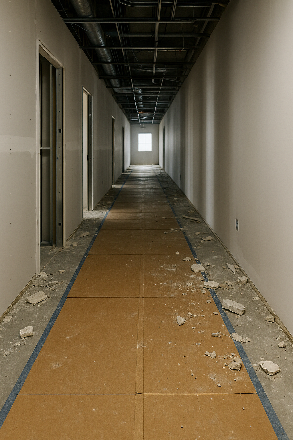 Commercial corridor undergoing large-loss restoration with floor protection