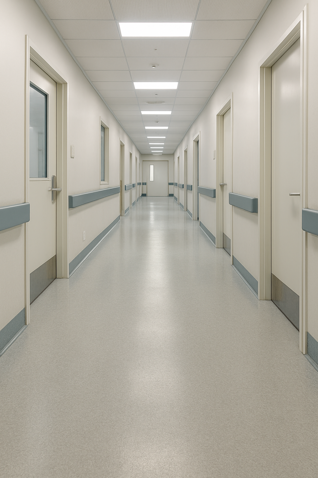Bright clinical corridor with seamless flooring